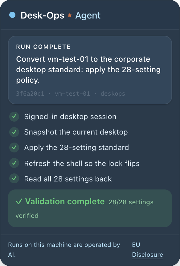 Desk-Ops agent panel: run complete, 28/28 settings verified
