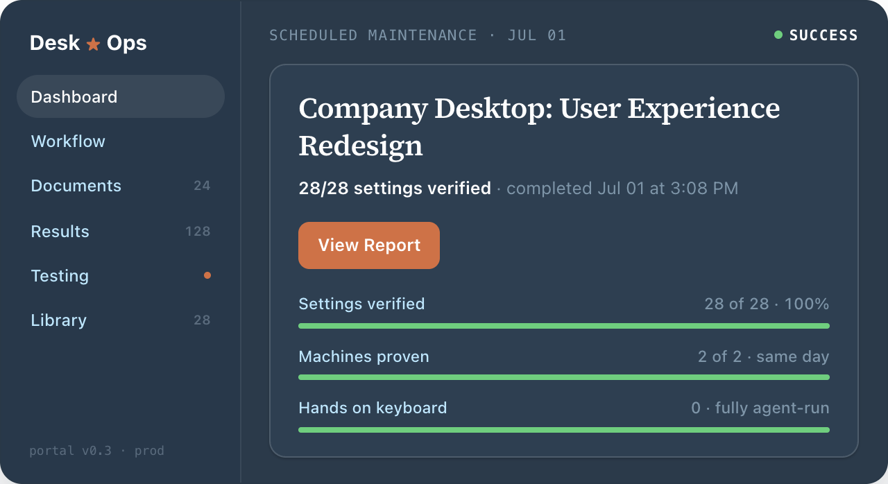 Desk-Ops portal dashboard: scheduled maintenance result, success